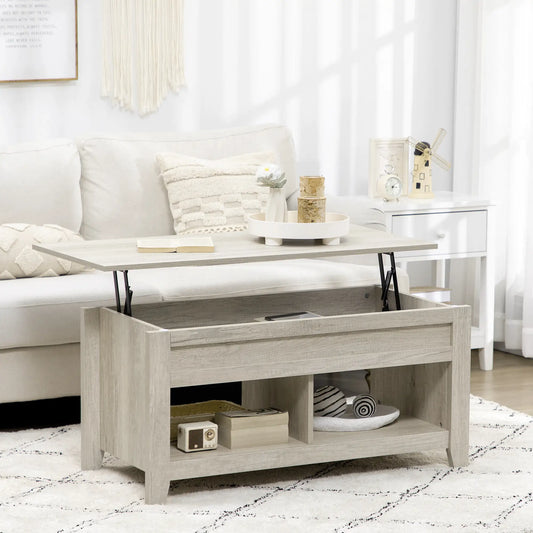 HOMCOM Lift Top Coffee Table with Hidden Storage & Open Shelves – Modern Oak Effect
