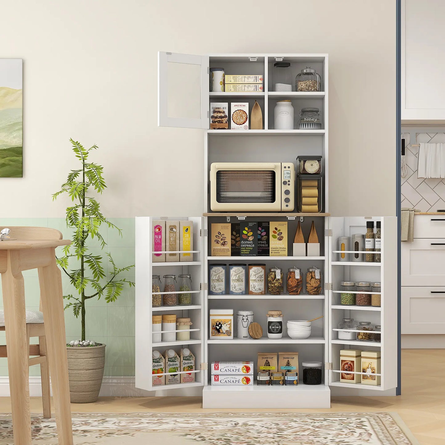 HOMCOM Kitchen Pantry Storage Cabinet with Microwave Shelf & Adjustable Shelves – White