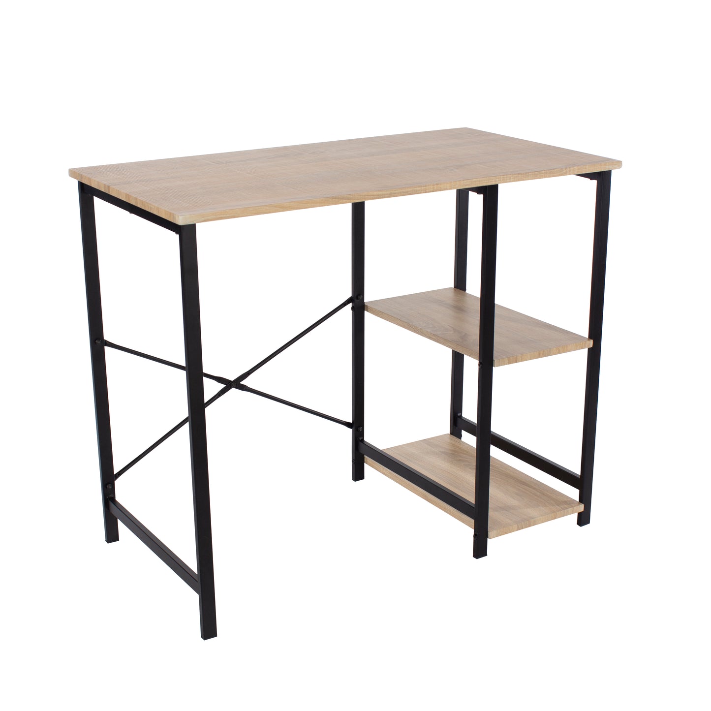 Study Desk with Side Storage Oak Effect Top With Black Metal Legs