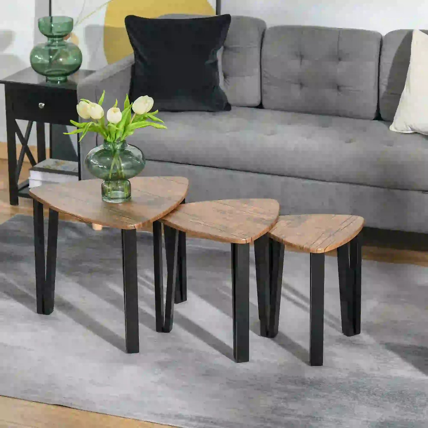 HOMCOM Nest of 3 Triangle Coffee Tables - Industrial Walnut Nesting Side Table Set with Steel Legs