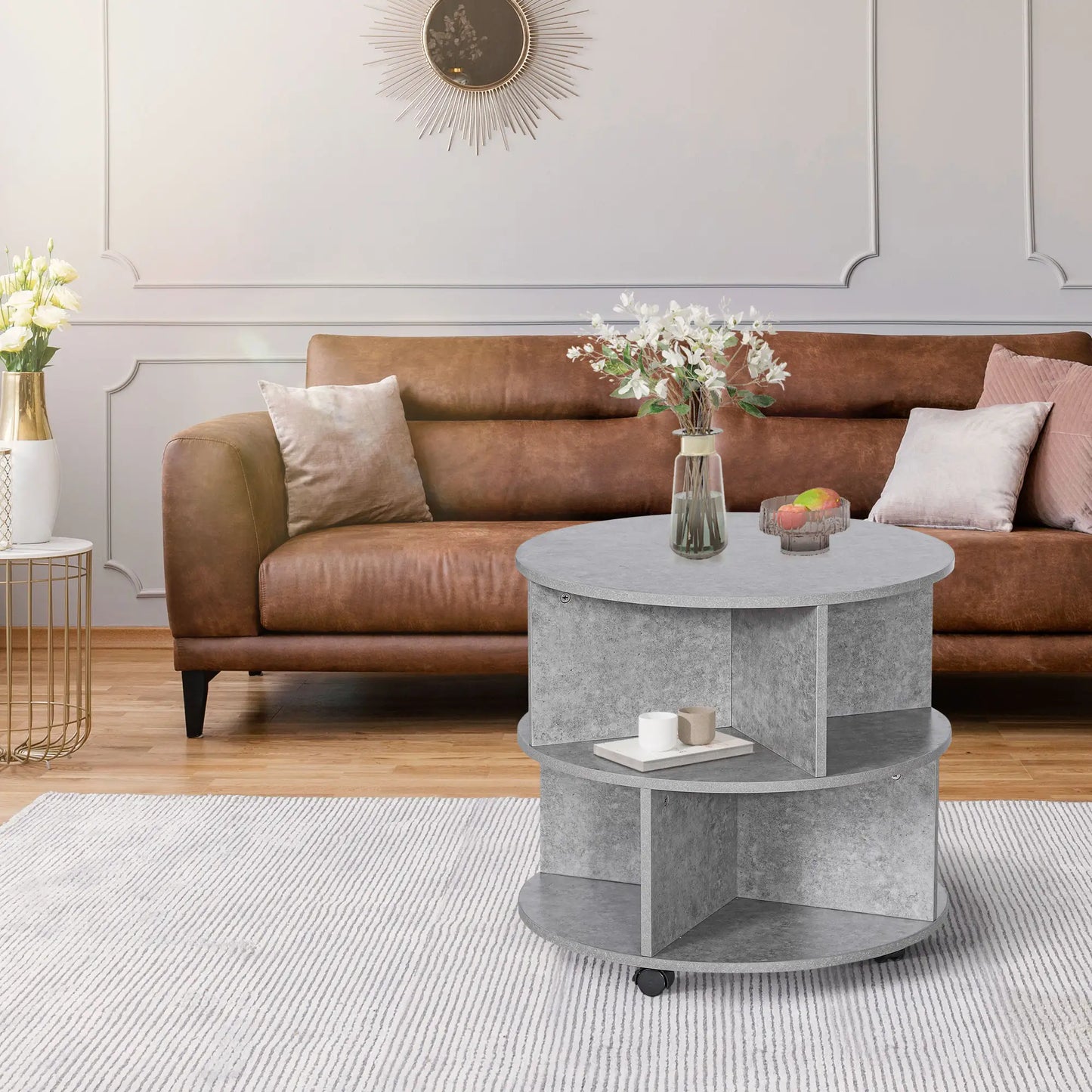 HOMCOM Round Coffee Table with Wheels – 3 Tier Storage Coffee Table for Living Room – Cement Grey