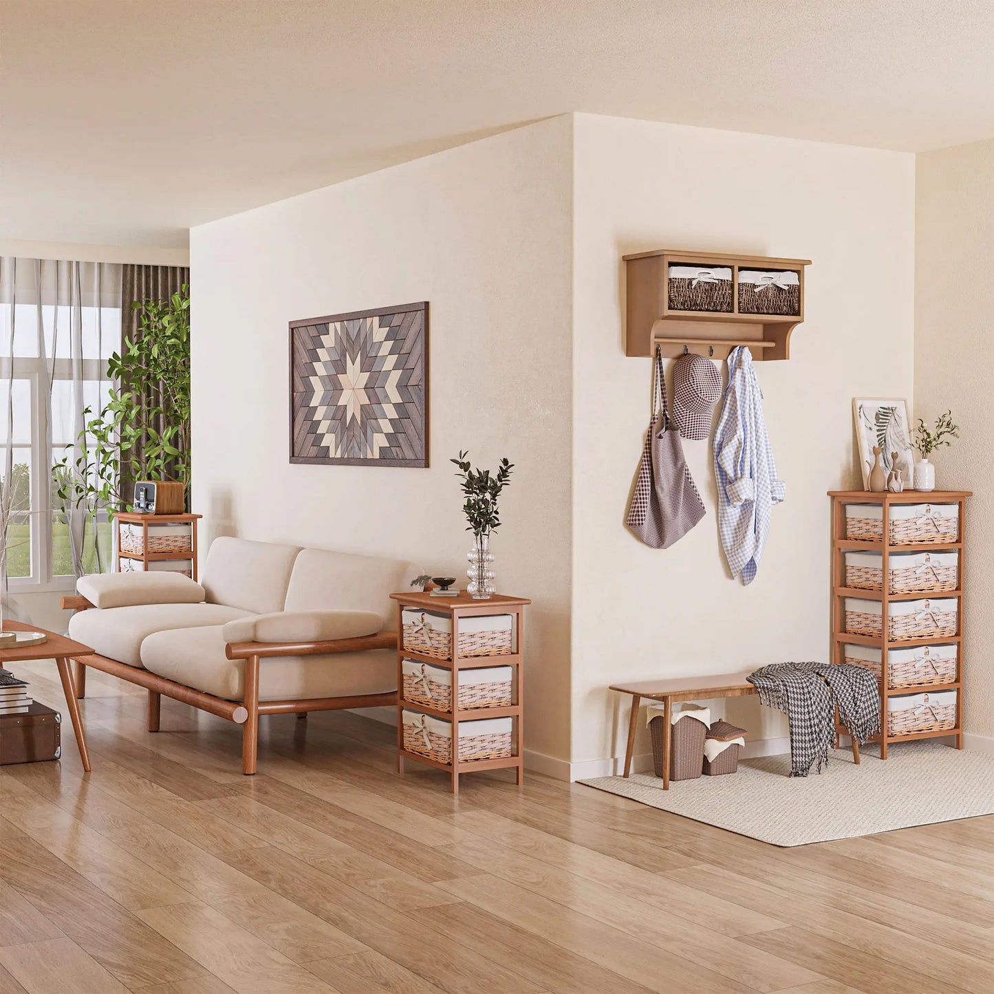 Wall Mounted Coat Rack Shelf with Hooks & Baskets – Modern Entryway Storage (Brown)