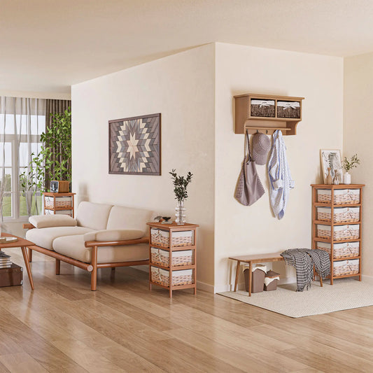 Wall Mounted Coat Rack Shelf with Hooks & Baskets – Modern Entryway Storage (Brown)