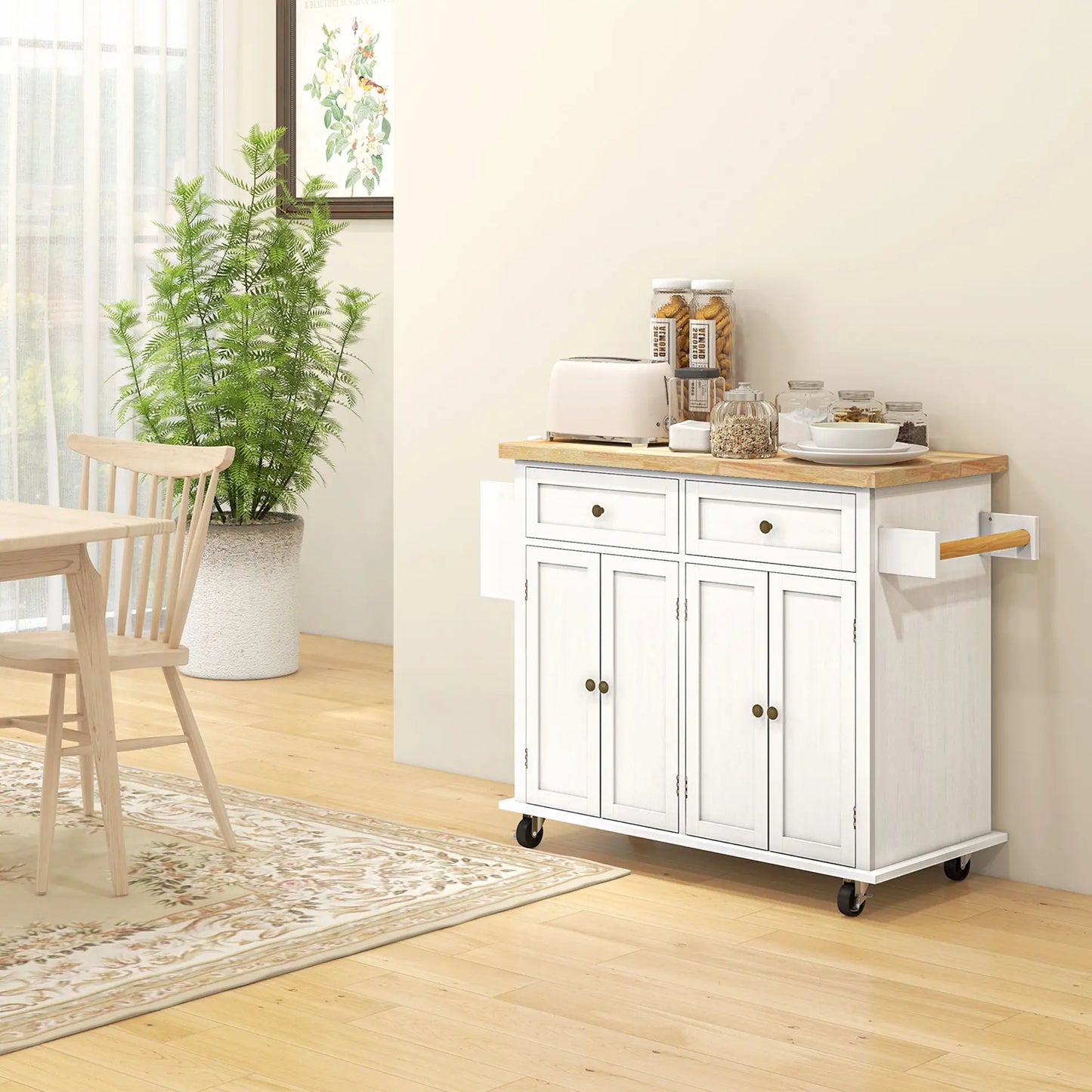 White Kitchen Island Trolley with Rubberwood Top, Drawers & Storage Cabinets