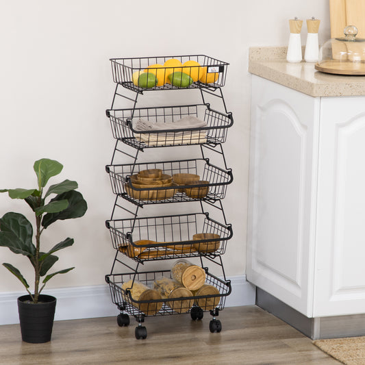 HOMCOM 5 Tier Slim Storage Trolley on Wheels – Stackable Kitchen & Utility Cart Black