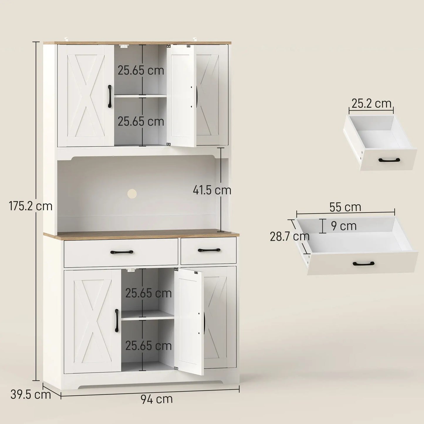 HOMCOM 175cm Kitchen Pantry Cabinet with Microwave Stand – White Farmhouse Storage Cupboard