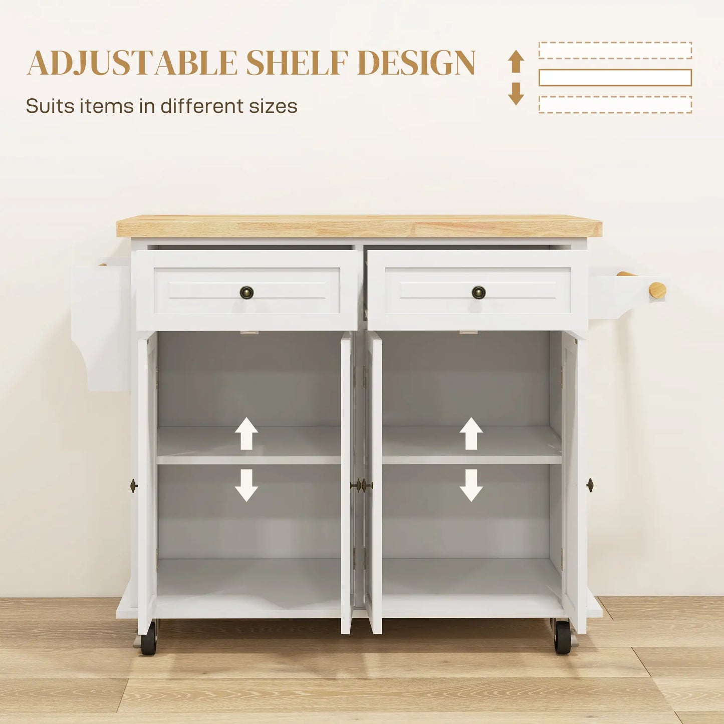 Kitchen Island Storage Rolling Trolley with Rubber Wood Top & Drawers in Cream White