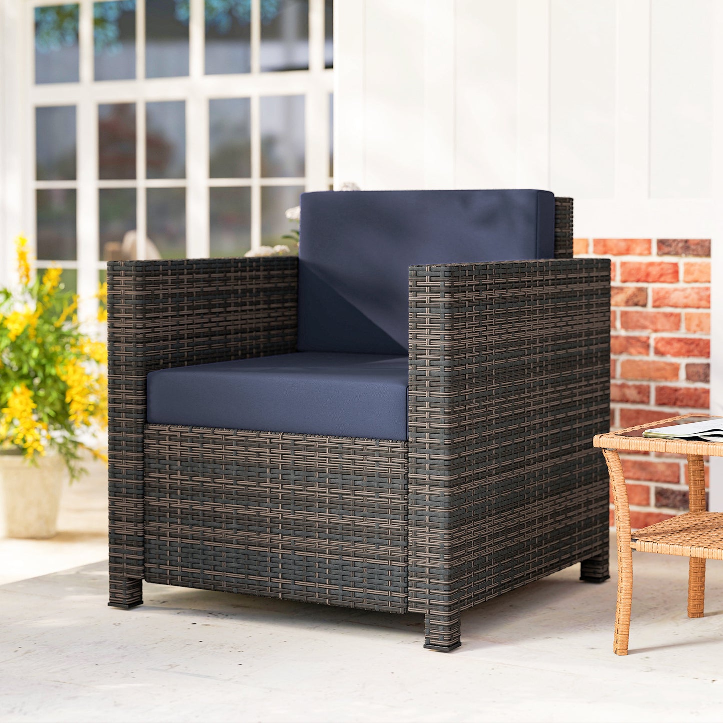 Rattan Garden Armchair with Cushion - Mixed Brown/Navy Blue