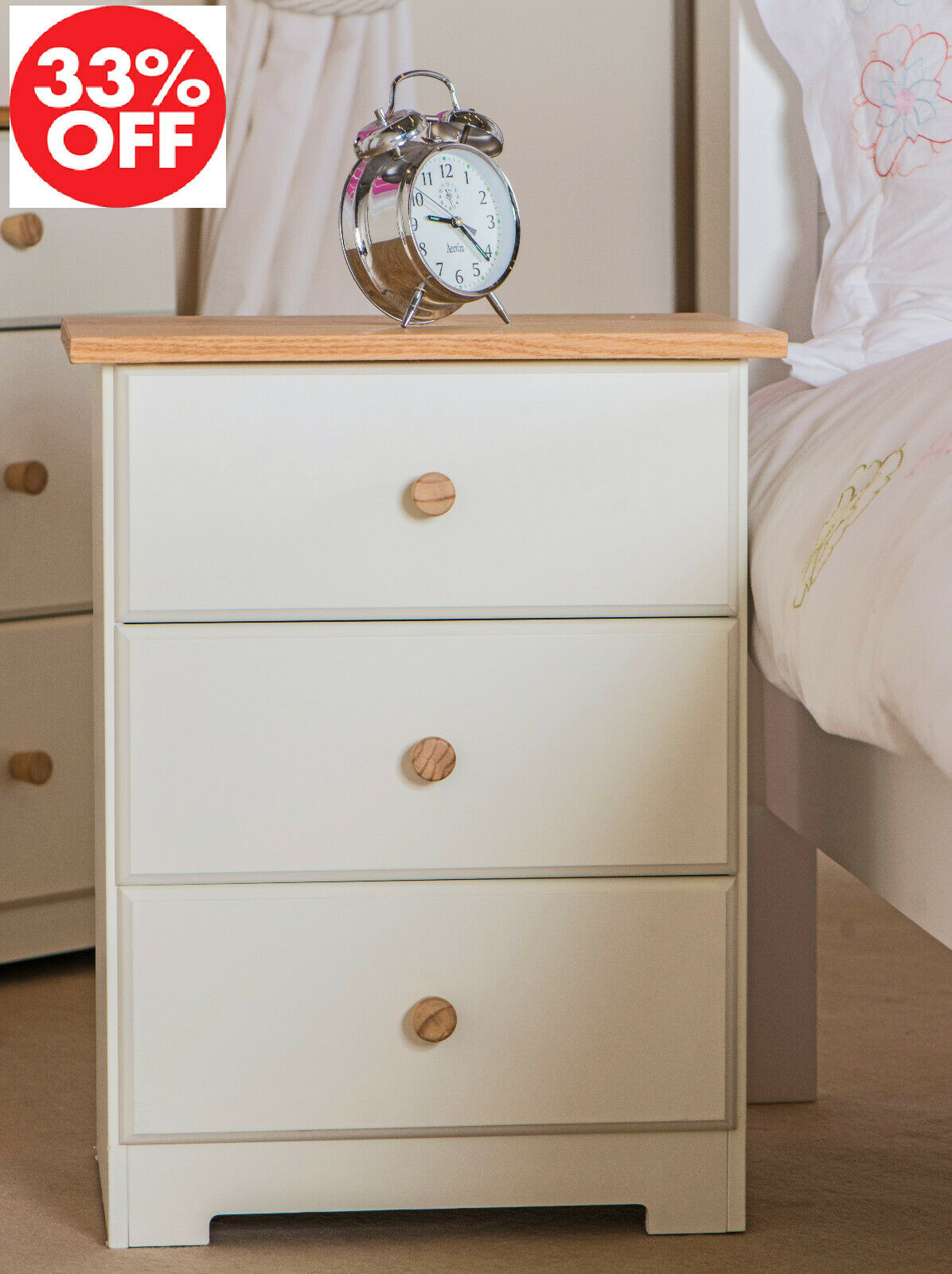 Colorado White 3 Drawer Bedside