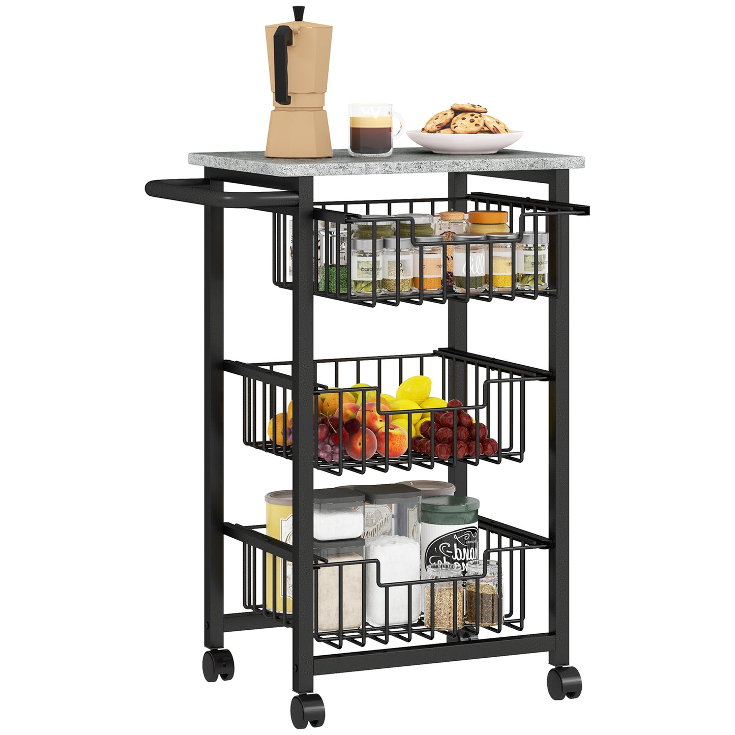 HOMCOM 3 Tier Slim Kitchen Trolley on Wheels – Narrow Rolling Storage Cart Grey