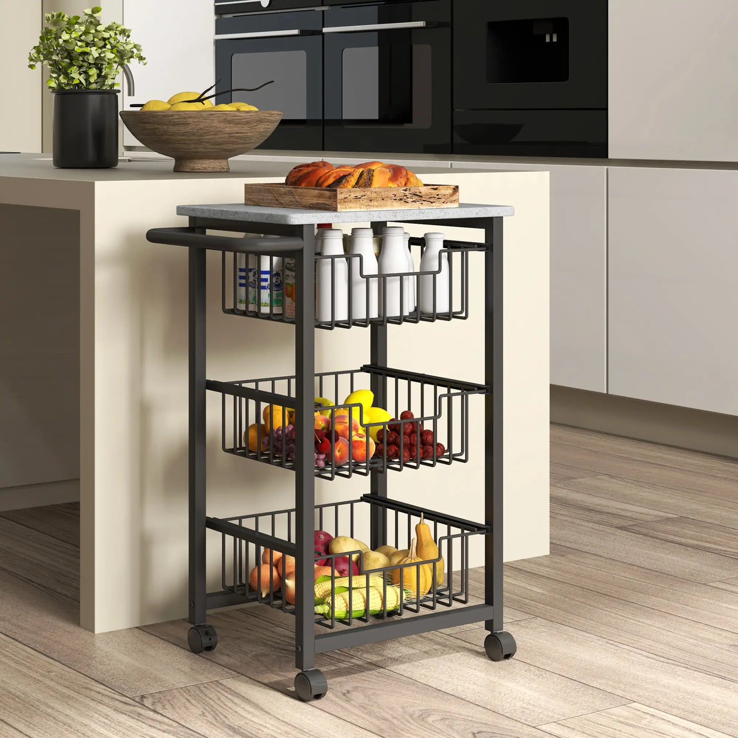 HOMCOM 3 Tier Slim Kitchen Trolley on Wheels – Narrow Rolling Storage Cart Grey