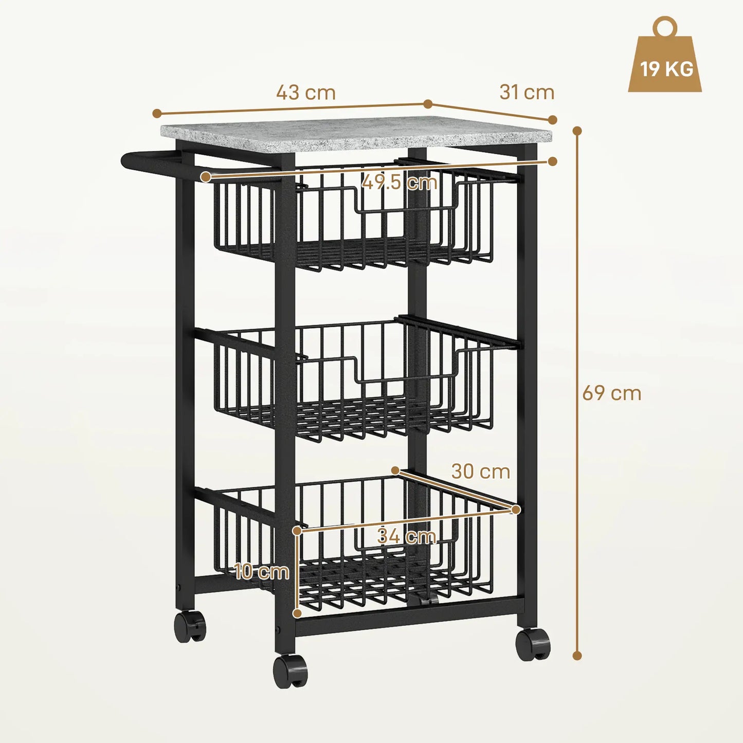 HOMCOM 3 Tier Slim Kitchen Trolley on Wheels – Narrow Rolling Storage Cart Grey