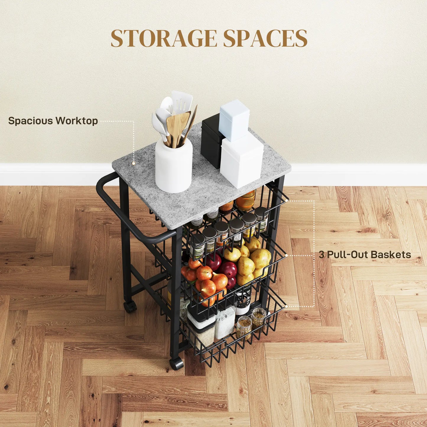 HOMCOM 3 Tier Slim Kitchen Trolley on Wheels – Narrow Rolling Storage Cart Grey