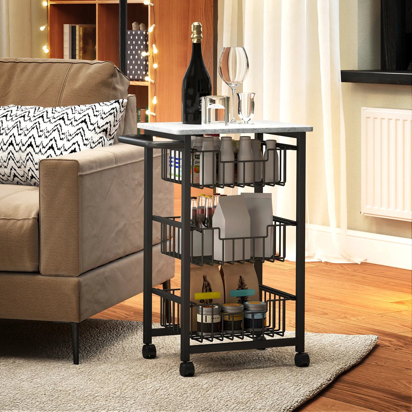 HOMCOM 3 Tier Slim Kitchen Trolley on Wheels – Narrow Rolling Storage Cart Grey