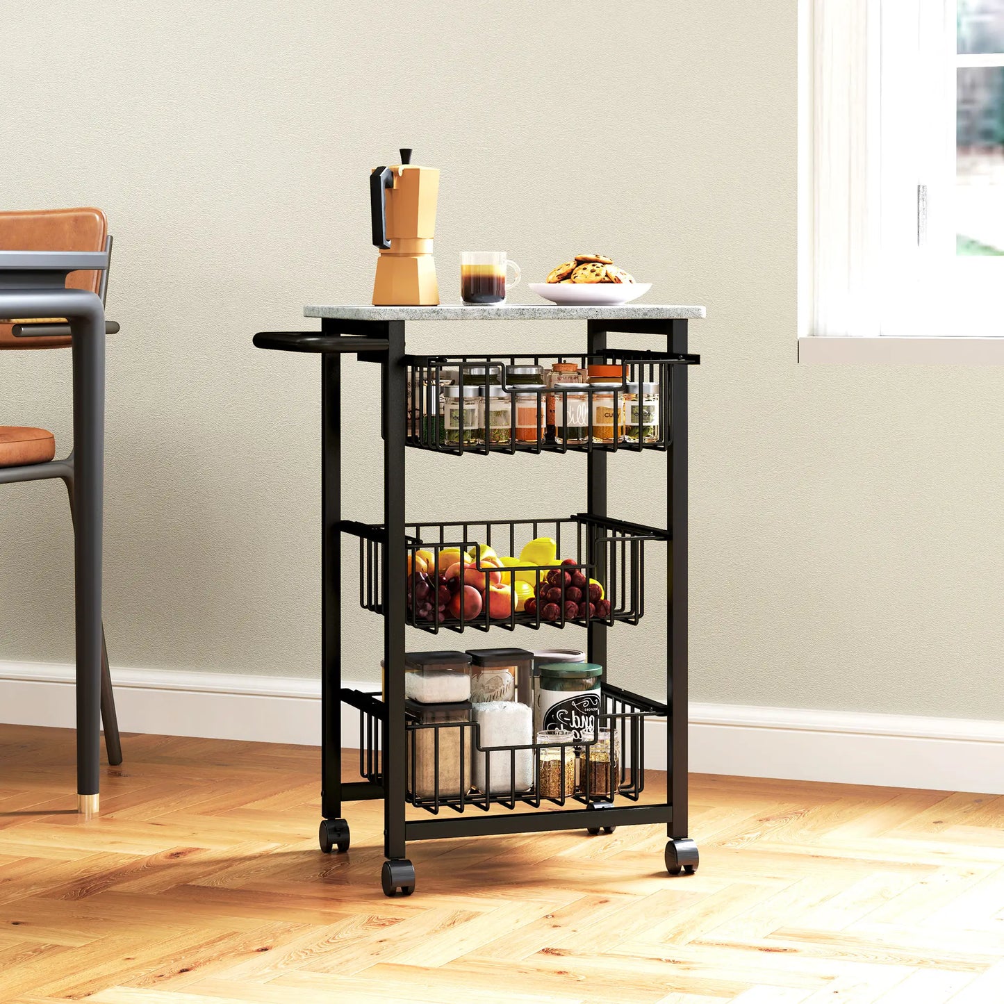 HOMCOM 3 Tier Slim Kitchen Trolley on Wheels – Narrow Rolling Storage Cart Grey