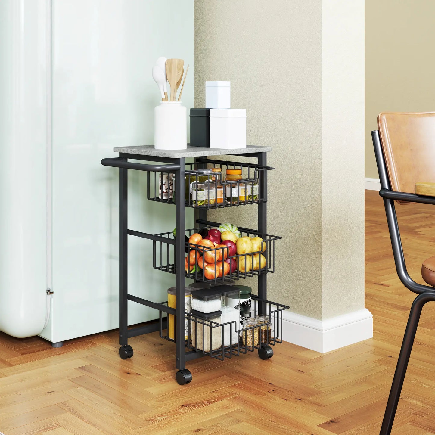 HOMCOM 3 Tier Slim Kitchen Trolley on Wheels – Narrow Rolling Storage Cart Grey