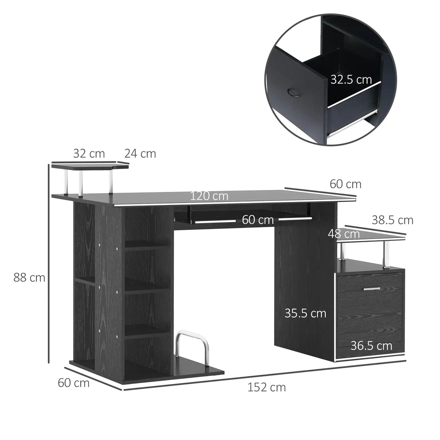HOMCOM Computer Desk Workstation with Storage Shelves Drawer & Keyboard Tray – Black