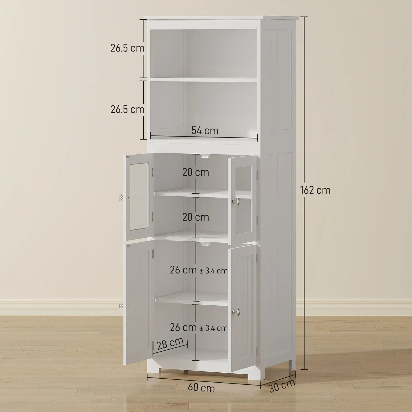 Tall Kitchen Pantry Cupboard – 4 Door Storage Cabinet with Glass Display (White)