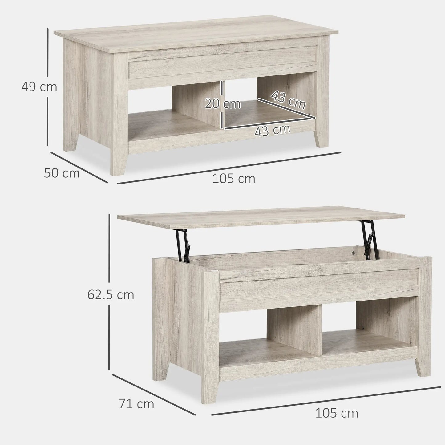 HOMCOM Lift Top Coffee Table with Hidden Storage & Open Shelves – Modern Oak Effect