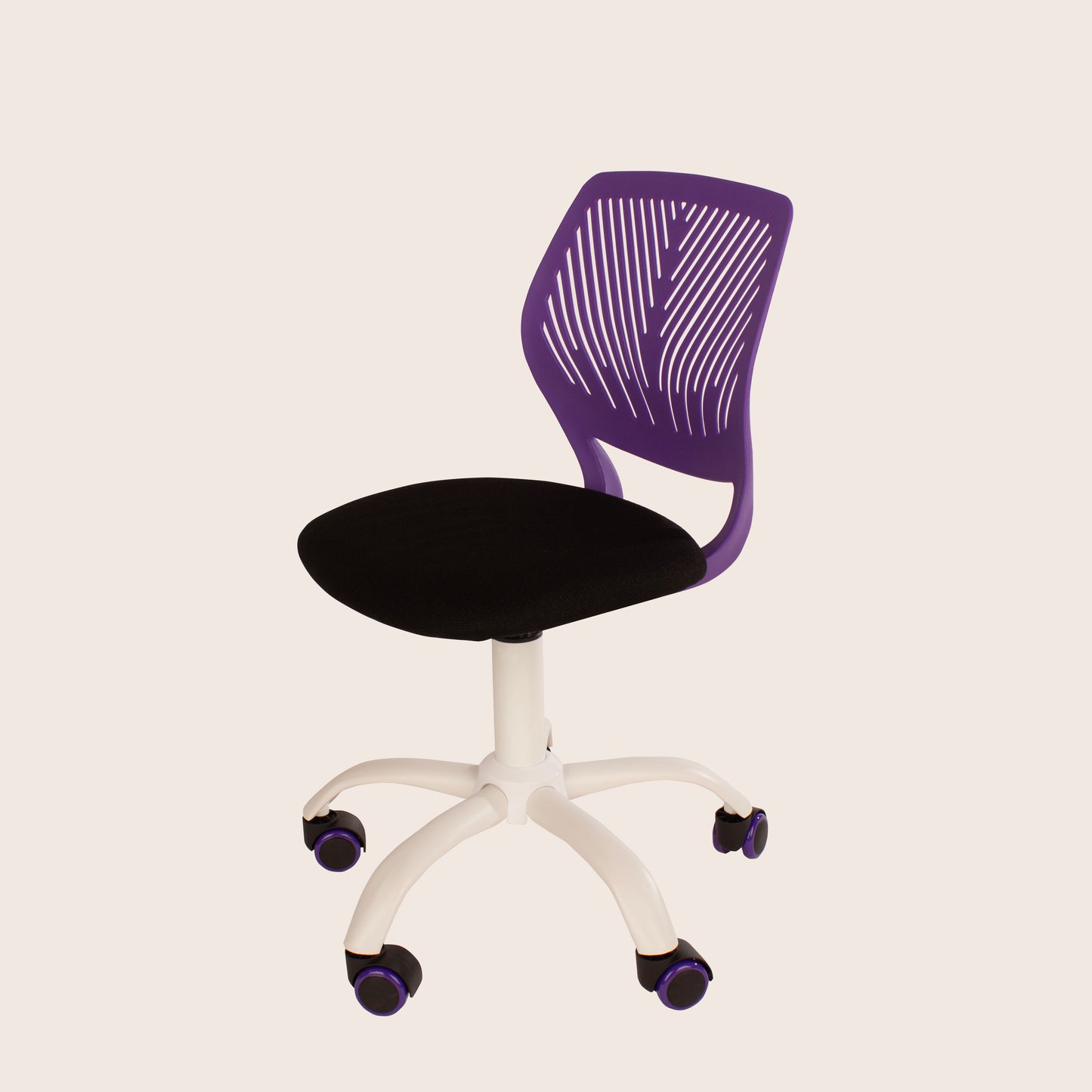 Compact Teenage Study Chair with Purple Plastic Seat Back, Black Fabric Seat & White Base