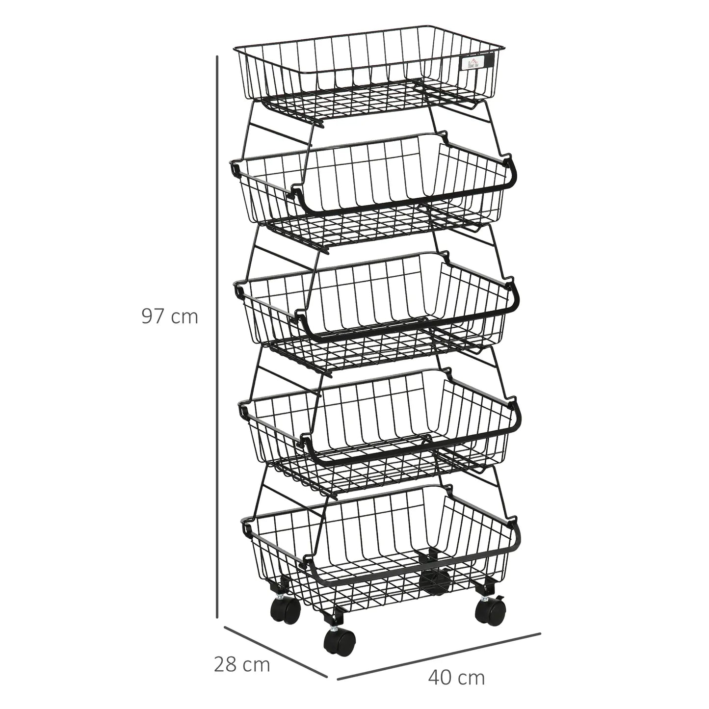 HOMCOM 5 Tier Slim Storage Trolley on Wheels – Stackable Kitchen & Utility Cart Black