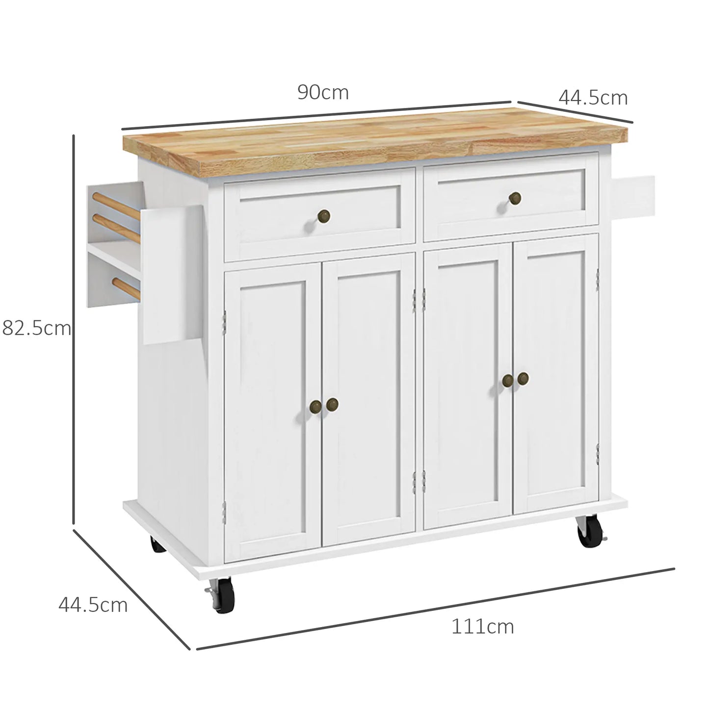 White Kitchen Island Trolley with Rubberwood Top, Drawers & Storage Cabinets