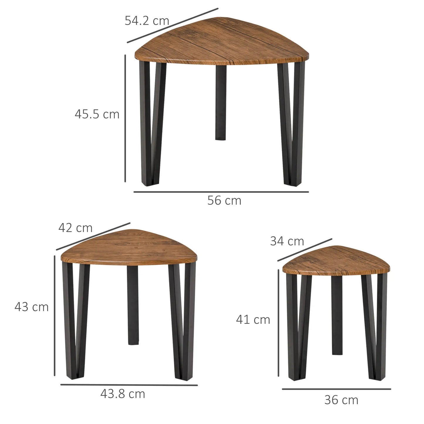 HOMCOM Nest of 3 Triangle Coffee Tables - Industrial Walnut Nesting Side Table Set with Steel Legs