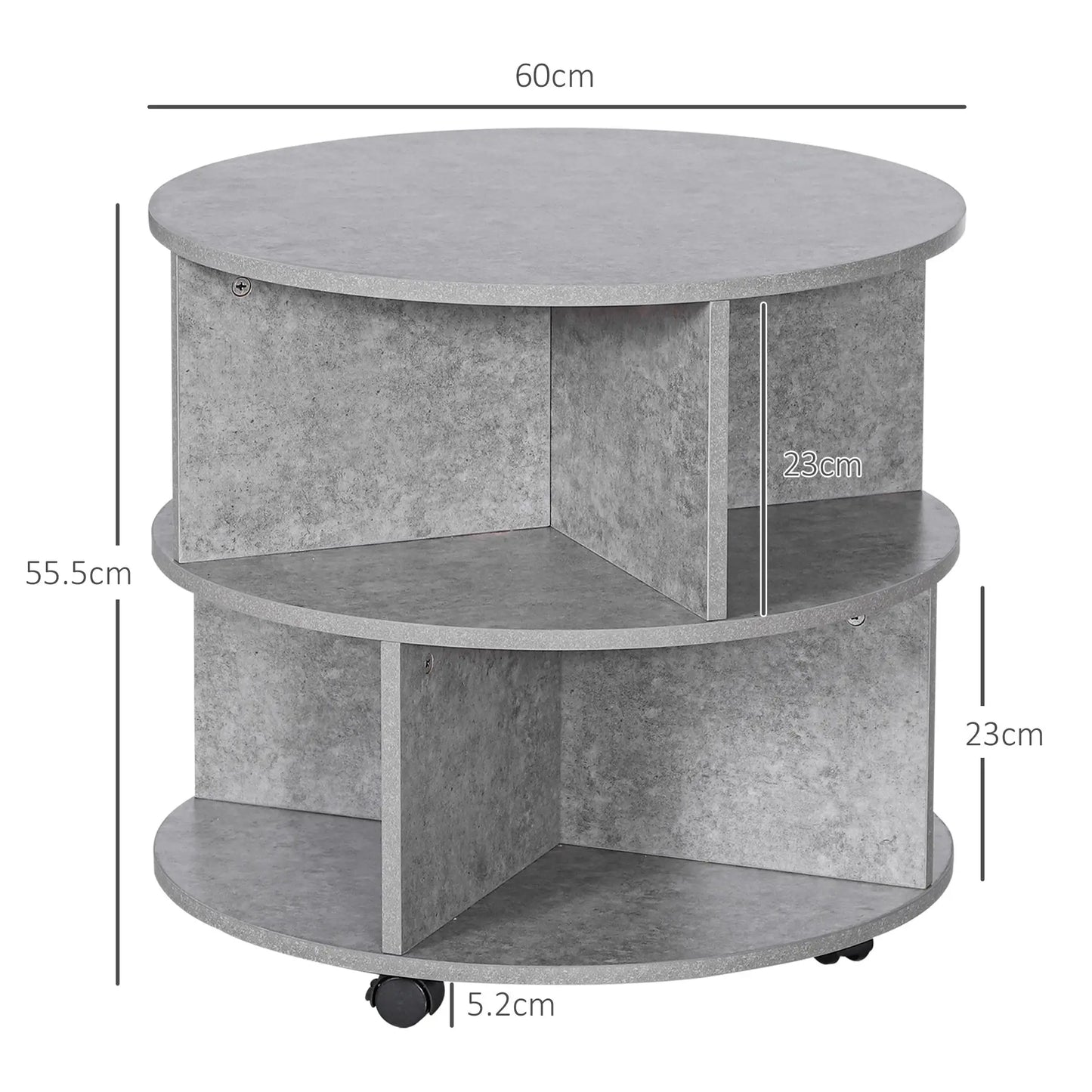 HOMCOM Round Coffee Table with Wheels – 3 Tier Storage Coffee Table for Living Room – Cement Grey