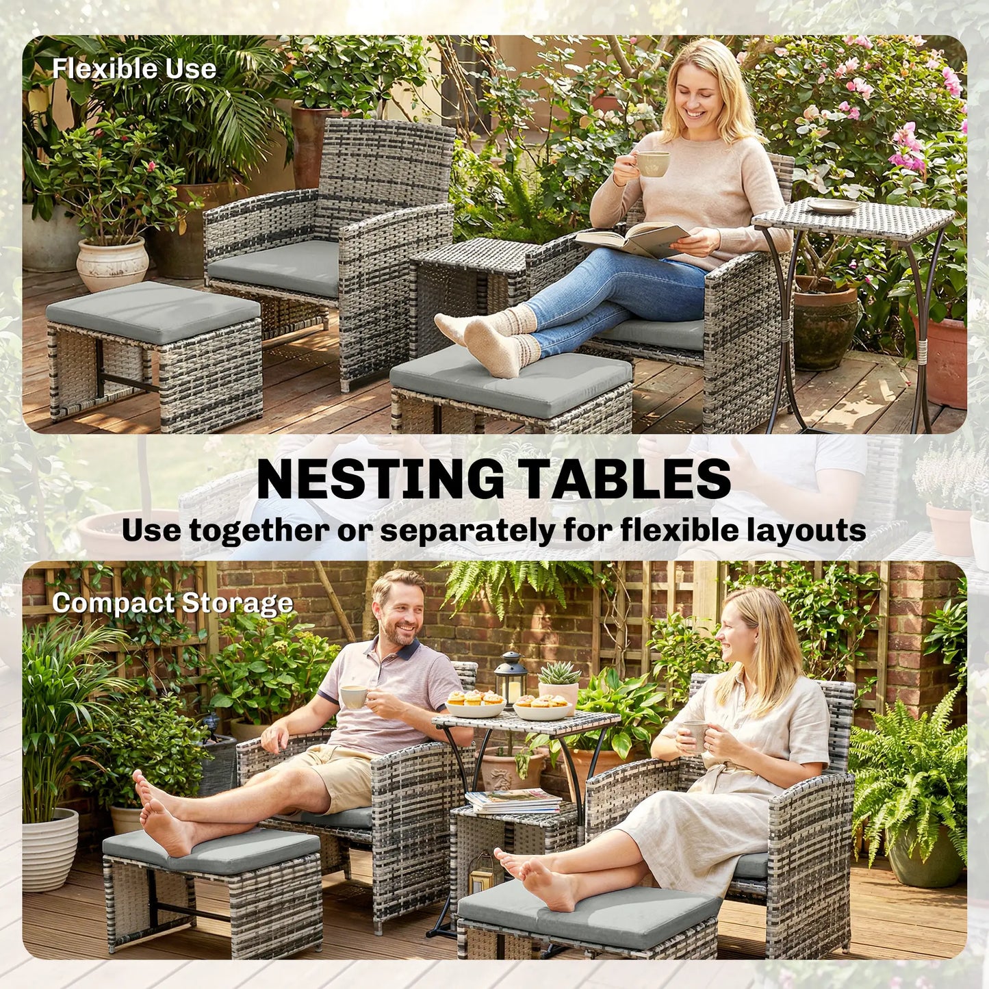 6 Piece Rattan Garden Furniture - Space-Saving Patio Furniture Set with Nesting Tables