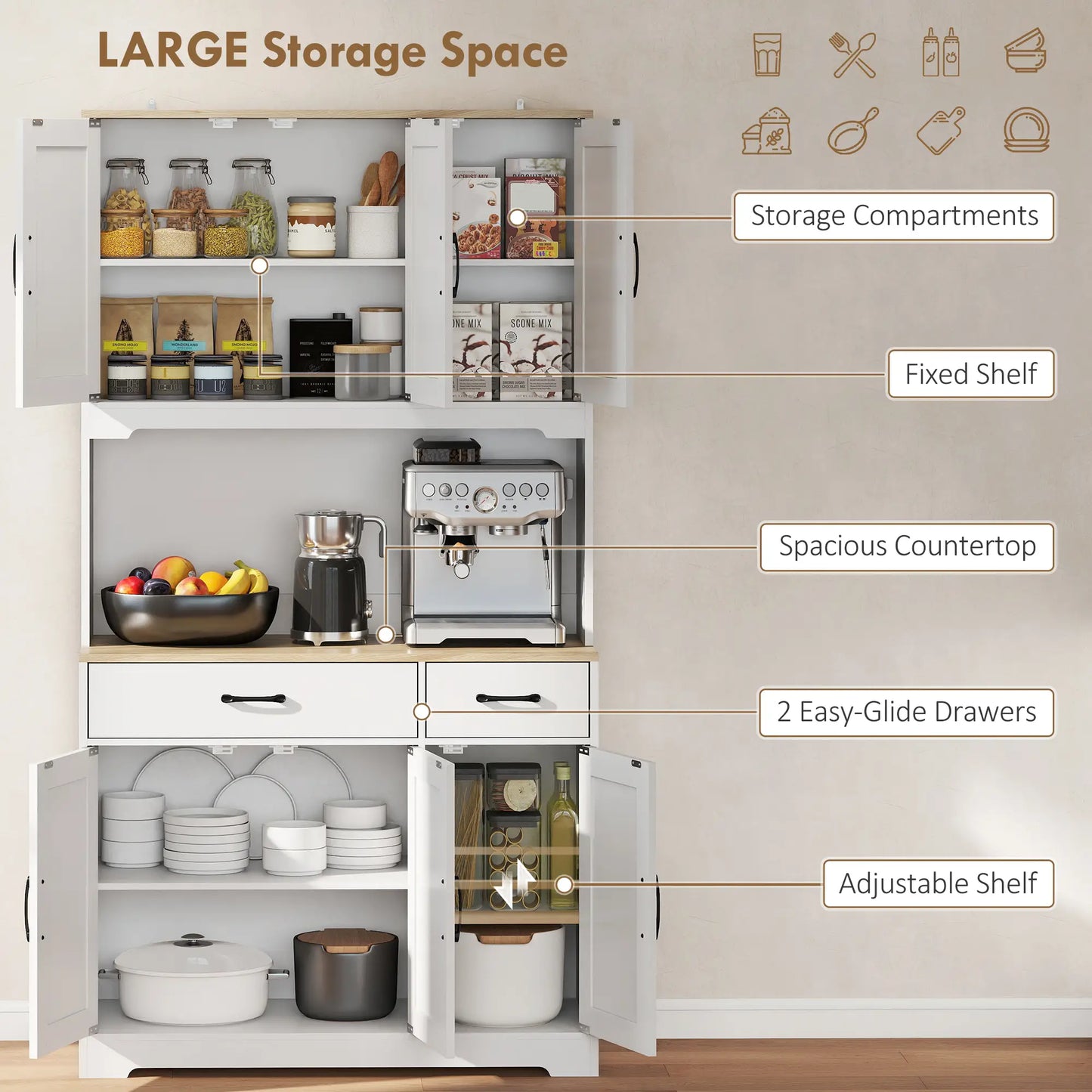 HOMCOM 175cm Kitchen Pantry Cabinet with Microwave Stand – White Farmhouse Storage Cupboard