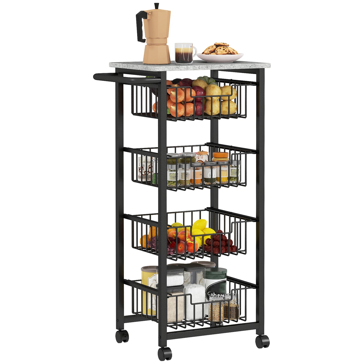 HOMCOM 4 Tier Slim Kitchen Trolley on Wheels – Narrow Storage Cart Grey