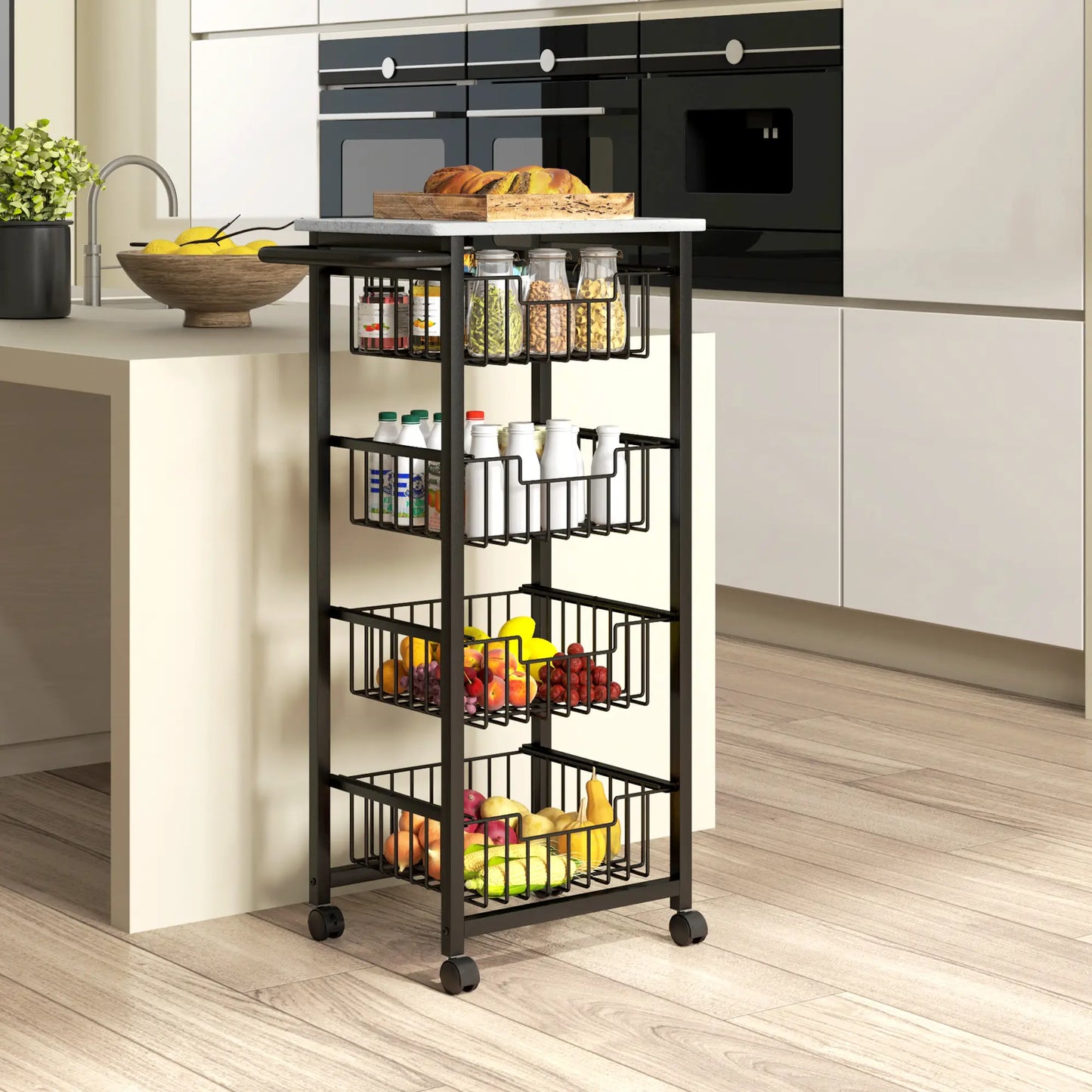 HOMCOM 4 Tier Slim Kitchen Trolley on Wheels – Narrow Storage Cart Grey