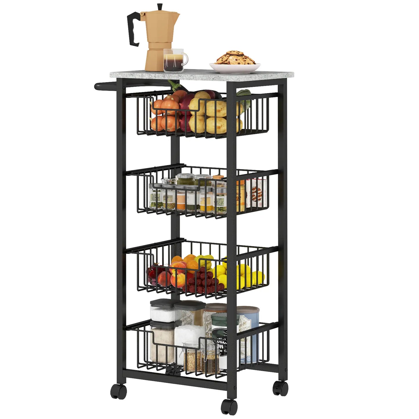 HOMCOM 4 Tier Slim Kitchen Trolley on Wheels – Narrow Storage Cart Grey