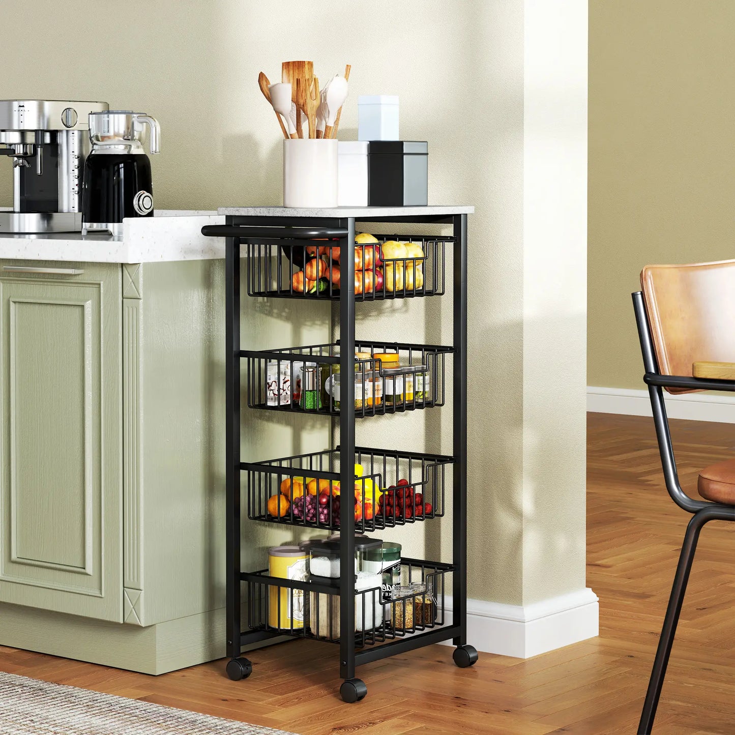 HOMCOM 4 Tier Slim Kitchen Trolley on Wheels – Narrow Storage Cart Grey