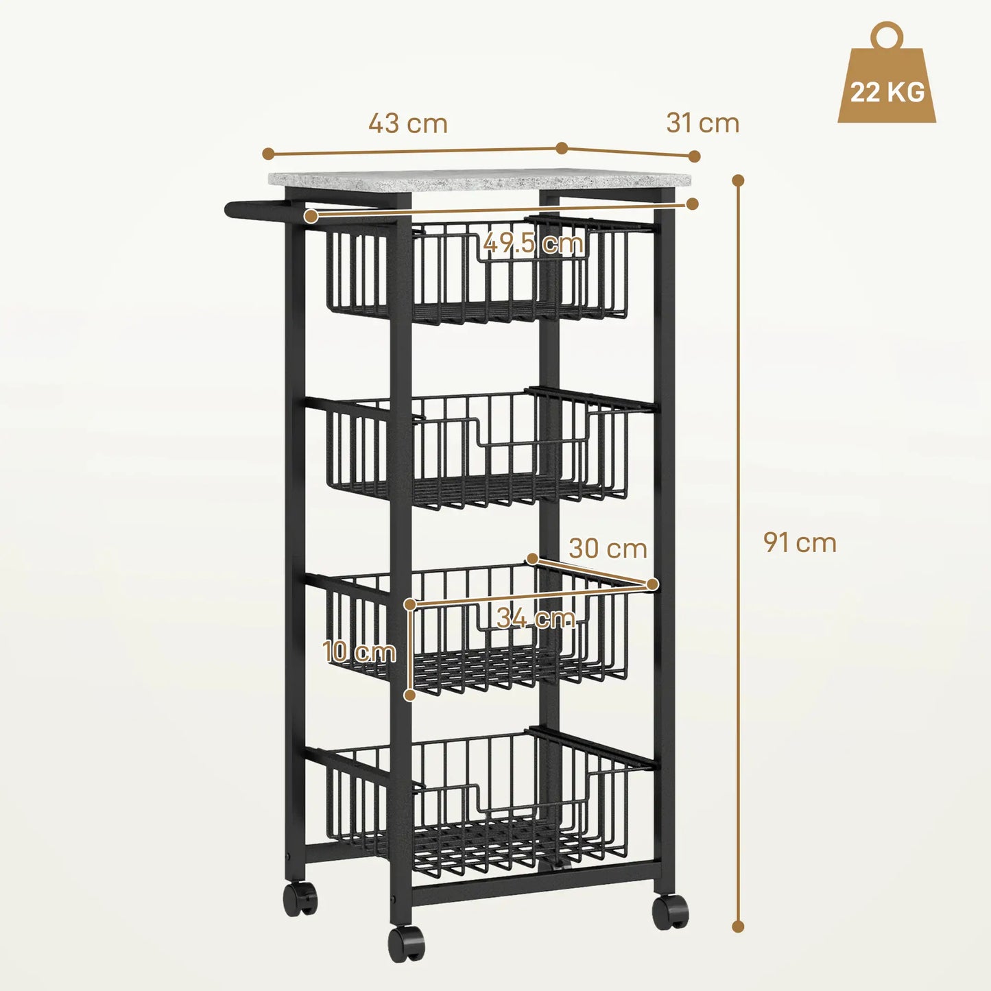 HOMCOM 4 Tier Slim Kitchen Trolley on Wheels – Narrow Storage Cart Grey