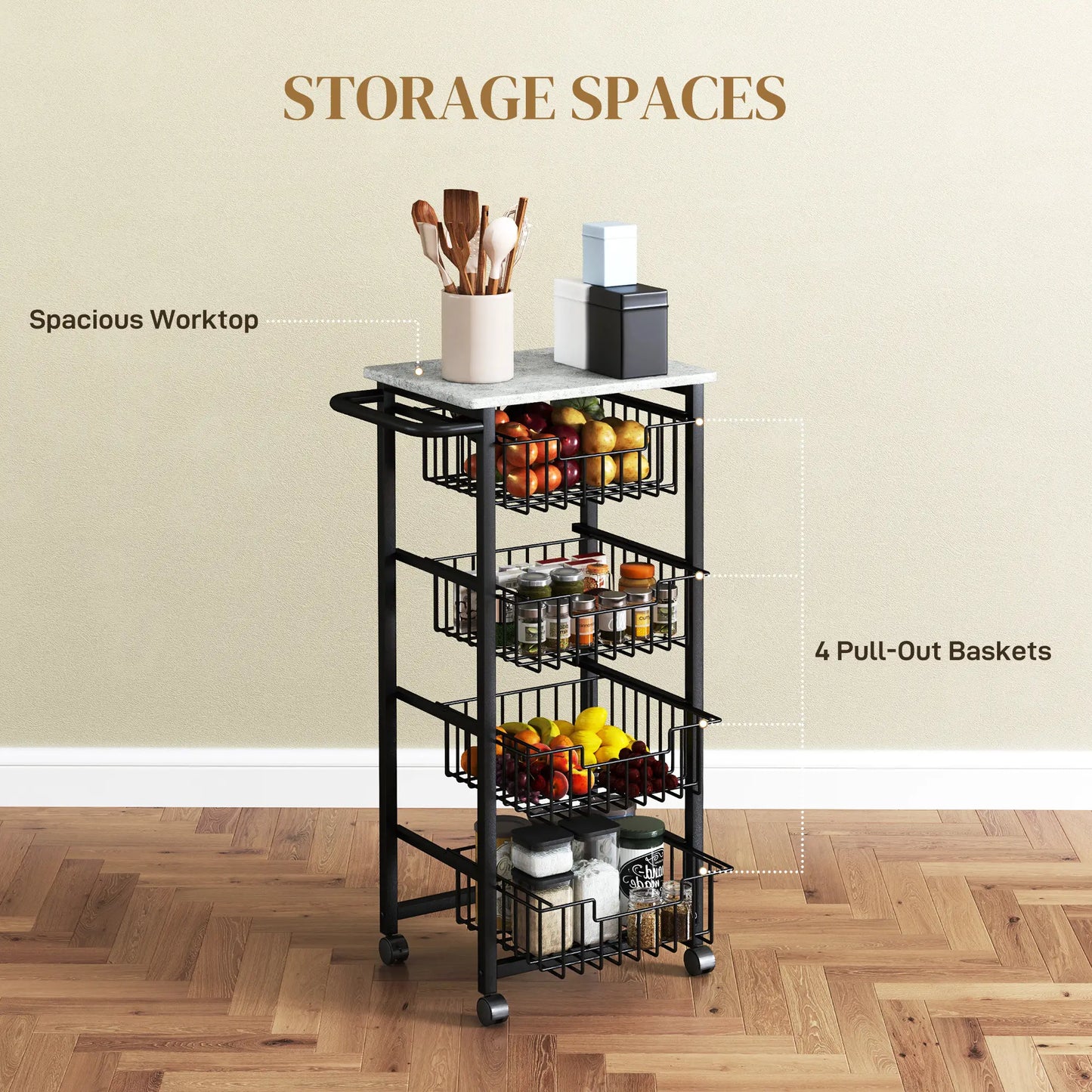 HOMCOM 4 Tier Slim Kitchen Trolley on Wheels – Narrow Storage Cart Grey