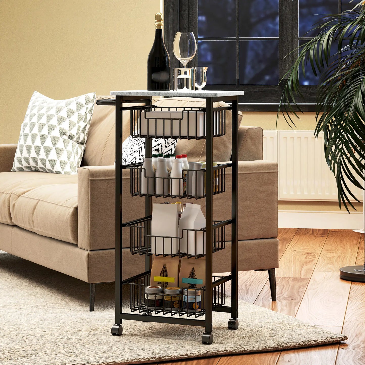 HOMCOM 4 Tier Slim Kitchen Trolley on Wheels – Narrow Storage Cart Grey