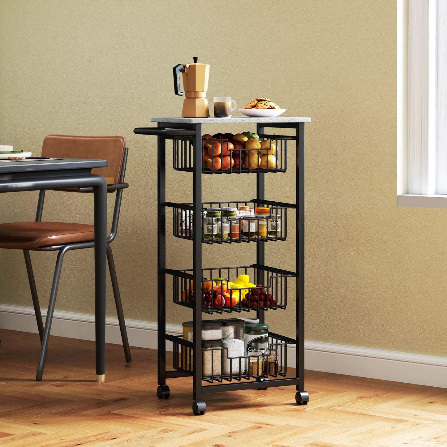HOMCOM 4 Tier Slim Kitchen Trolley on Wheels – Narrow Storage Cart Grey