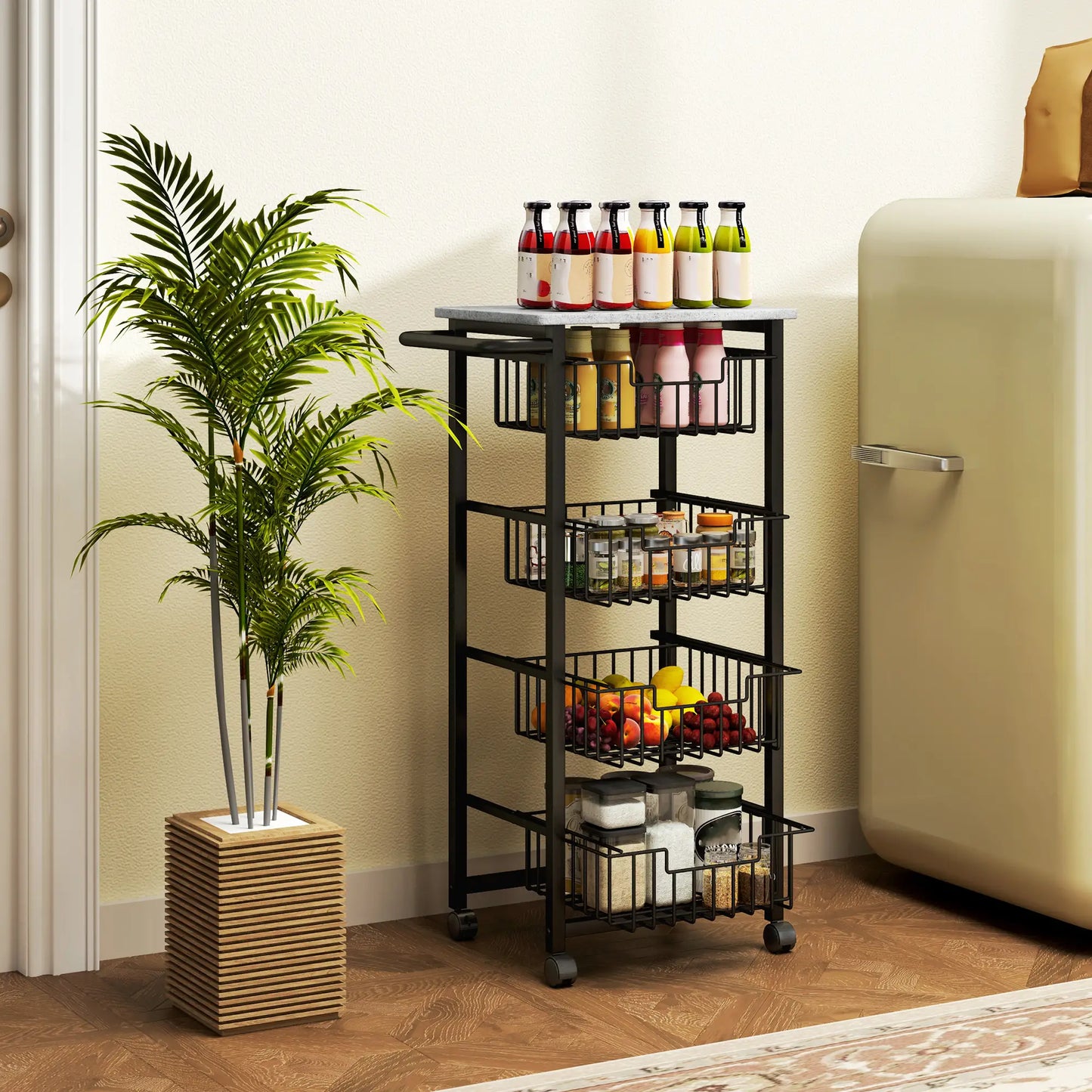 HOMCOM 4 Tier Slim Kitchen Trolley on Wheels – Narrow Storage Cart Grey