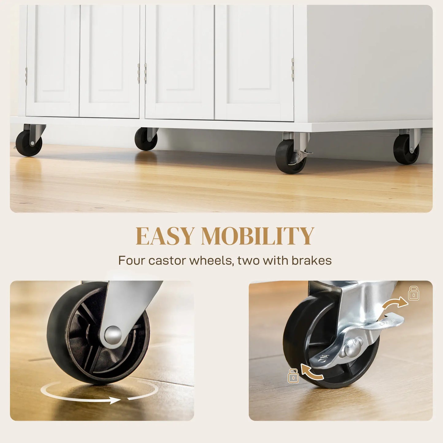 Kitchen Island Storage Rolling Trolley with Rubber Wood Top & Drawers in Cream White