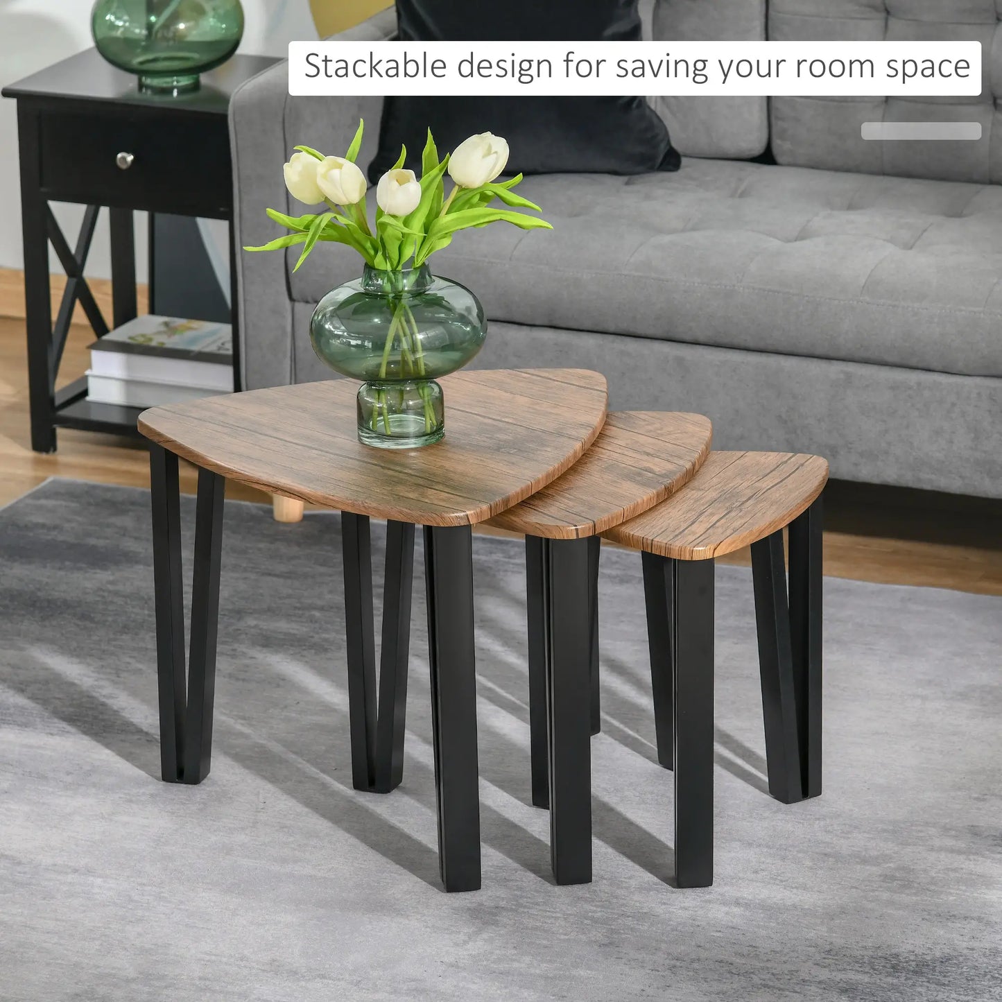 HOMCOM Nest of 3 Triangle Coffee Tables - Industrial Walnut Nesting Side Table Set with Steel Legs