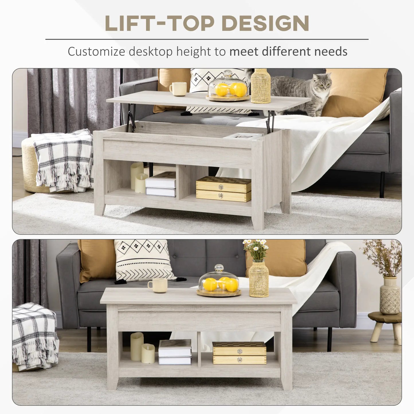 HOMCOM Lift Top Coffee Table with Hidden Storage & Open Shelves – Modern Oak Effect