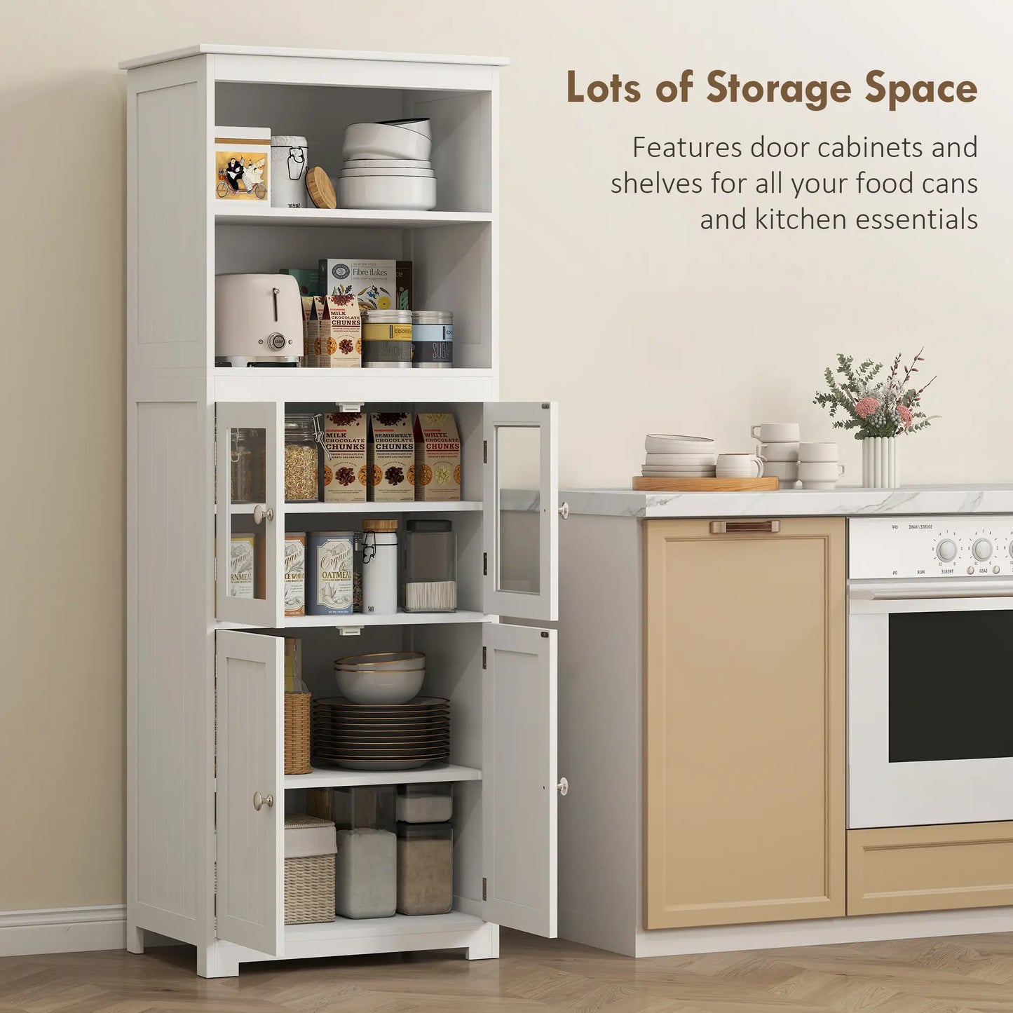 Tall Kitchen Pantry Cupboard – 4 Door Storage Cabinet with Glass Display (White)