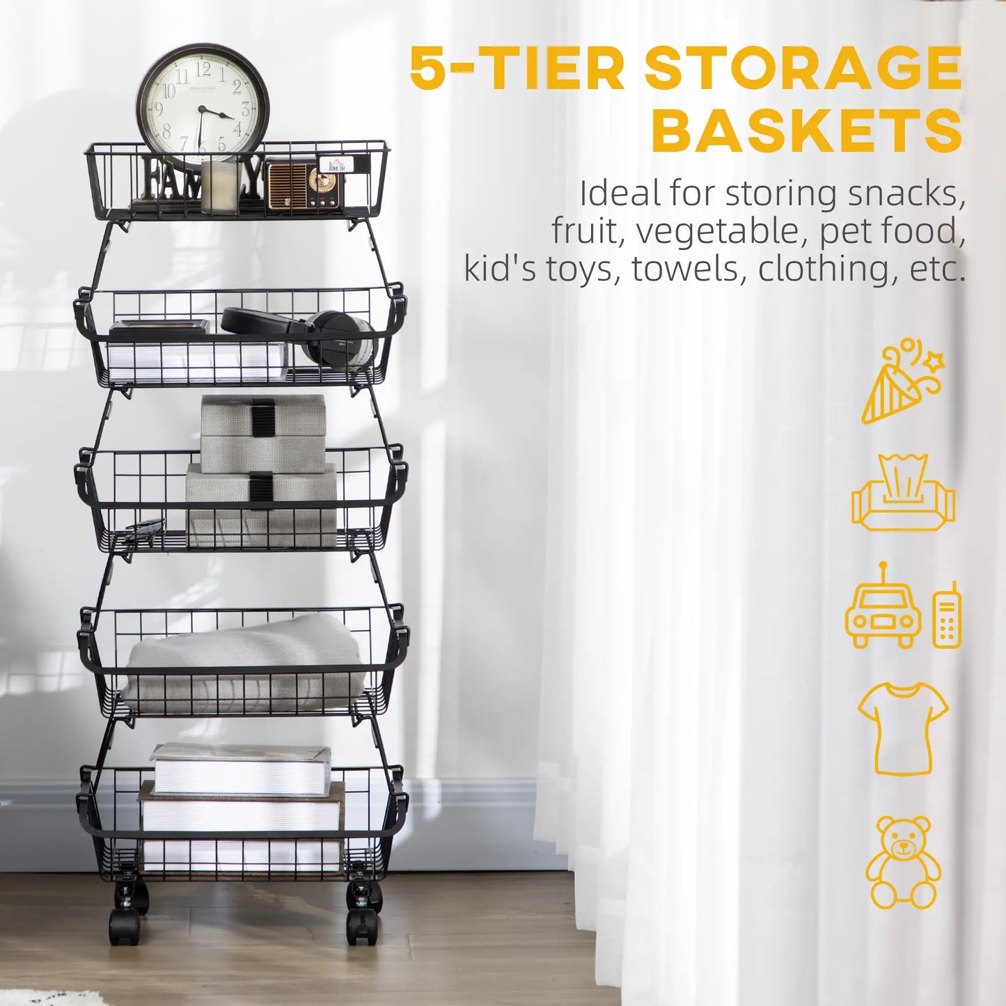 HOMCOM 5 Tier Slim Storage Trolley on Wheels – Stackable Kitchen & Utility Cart Black