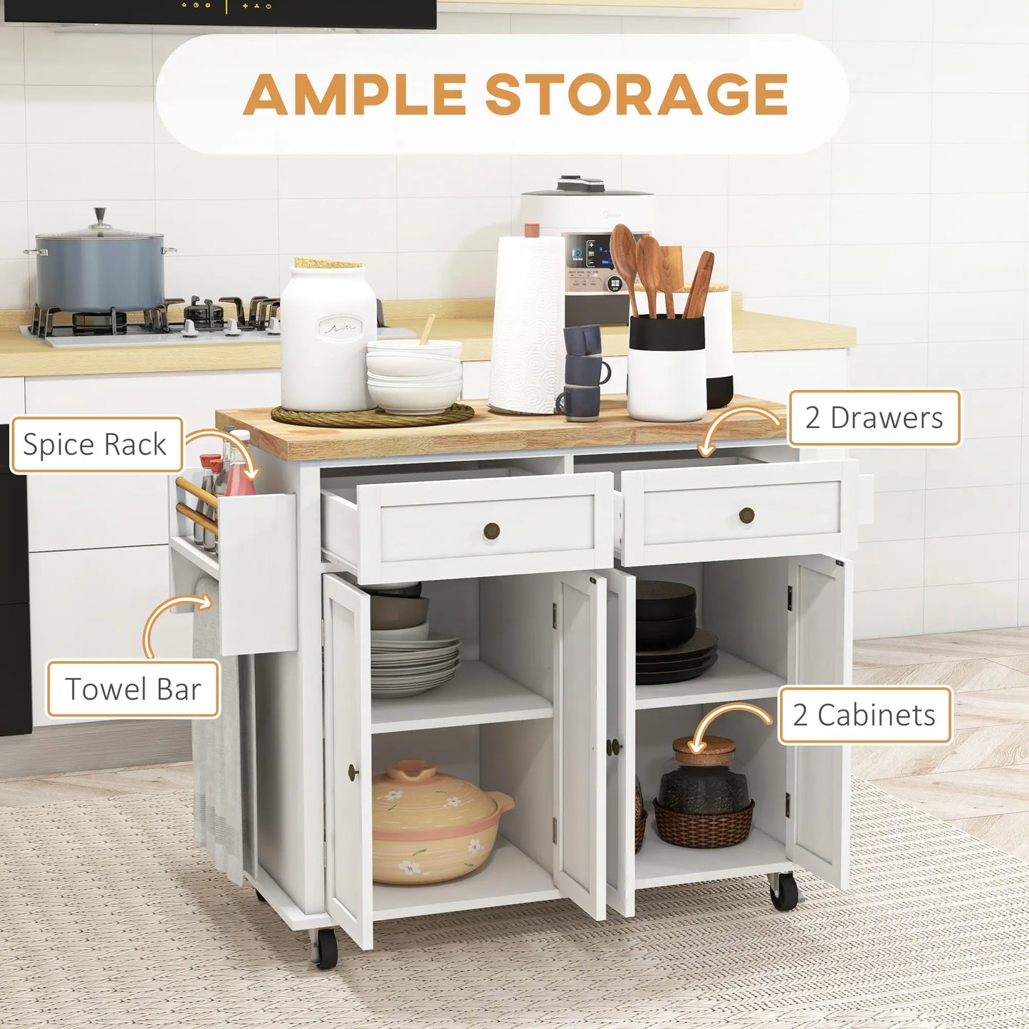 White Kitchen Island Trolley with Rubberwood Top, Drawers & Storage Cabinets