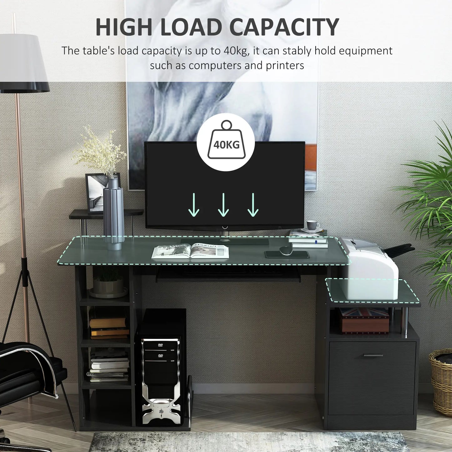 HOMCOM Computer Desk Workstation with Storage Shelves Drawer & Keyboard Tray – Black