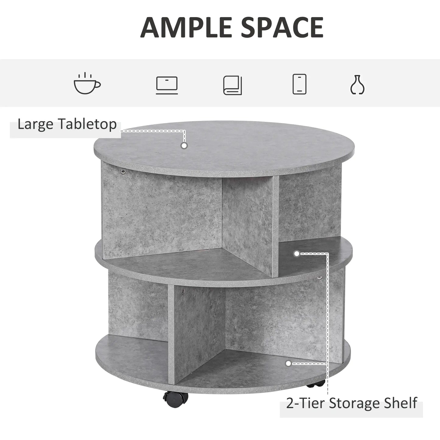 HOMCOM Round Coffee Table with Wheels – 3 Tier Storage Coffee Table for Living Room – Cement Grey