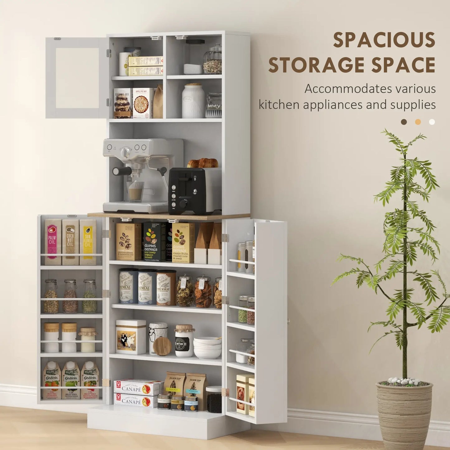 HOMCOM Kitchen Pantry Storage Cabinet with Microwave Shelf & Adjustable Shelves – White