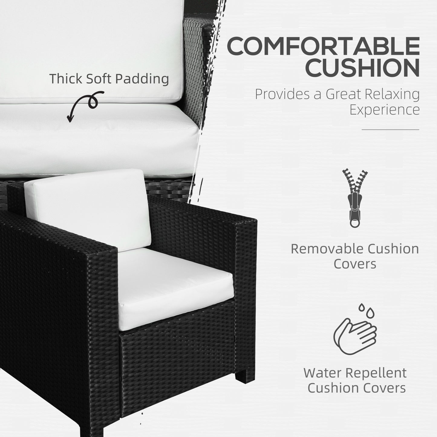 Single Seater Rattan Chair Sofa with 10 cm Thick Padded Cushion - Black