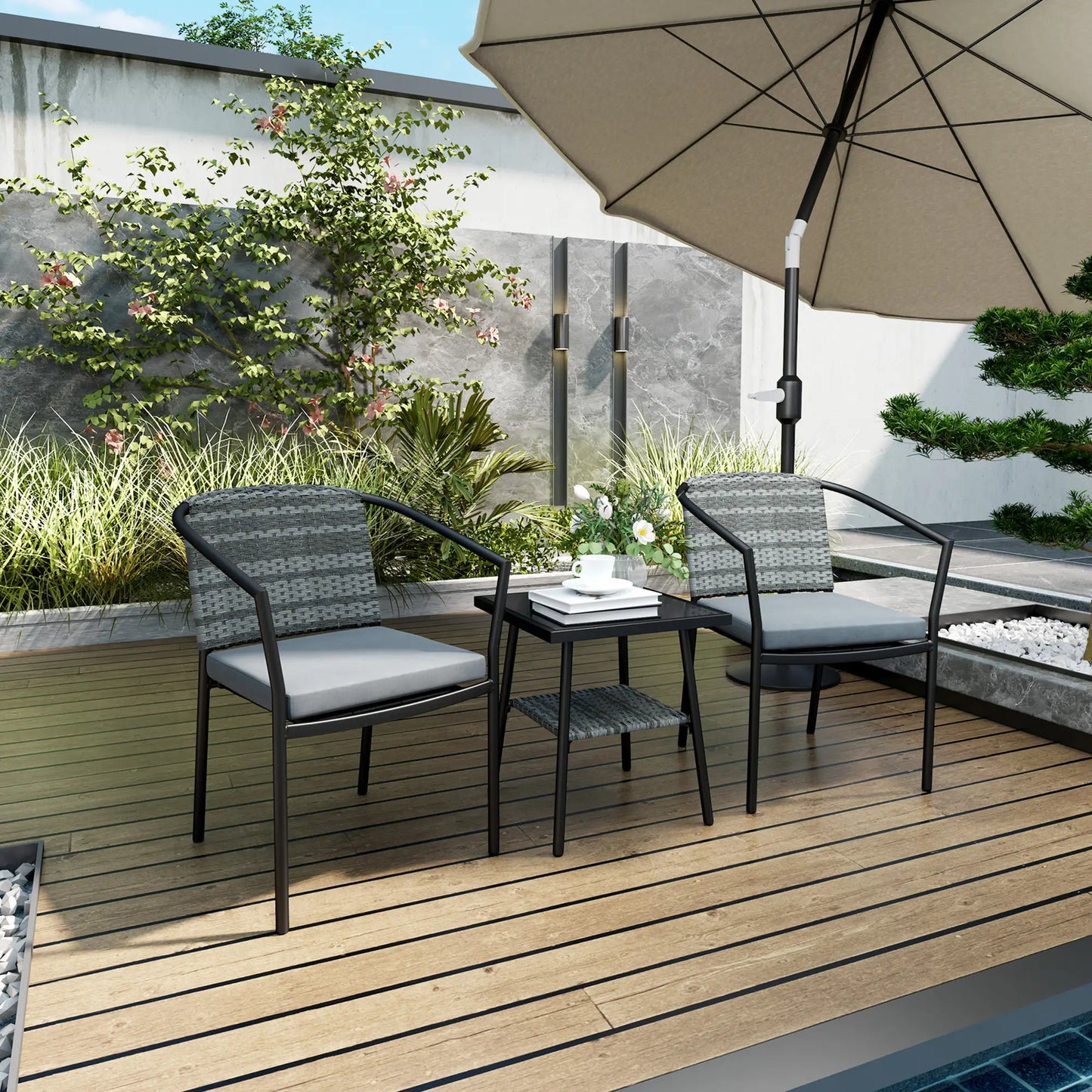 3 Pieces Rattan Bistro Set with Cushions -  Glass Top Coffee Table (in Grey)
